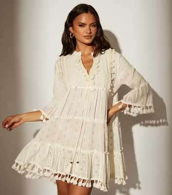 South Beach Cream Trim Detail Tiered Mini Dress