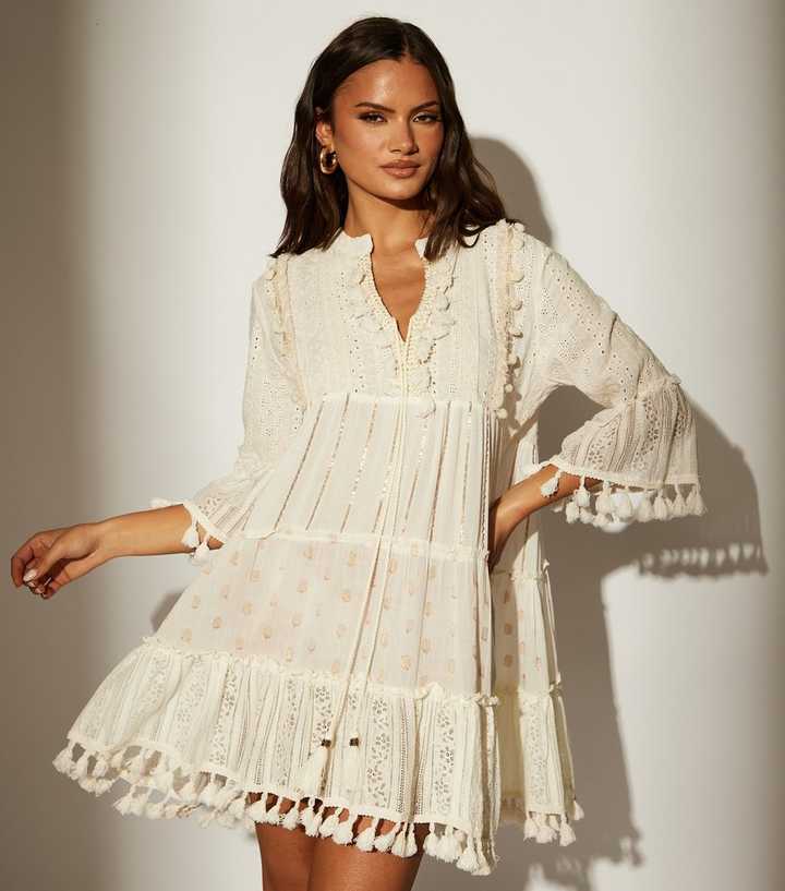 South Beach Cream Trim Detail Tiered Mini Dress