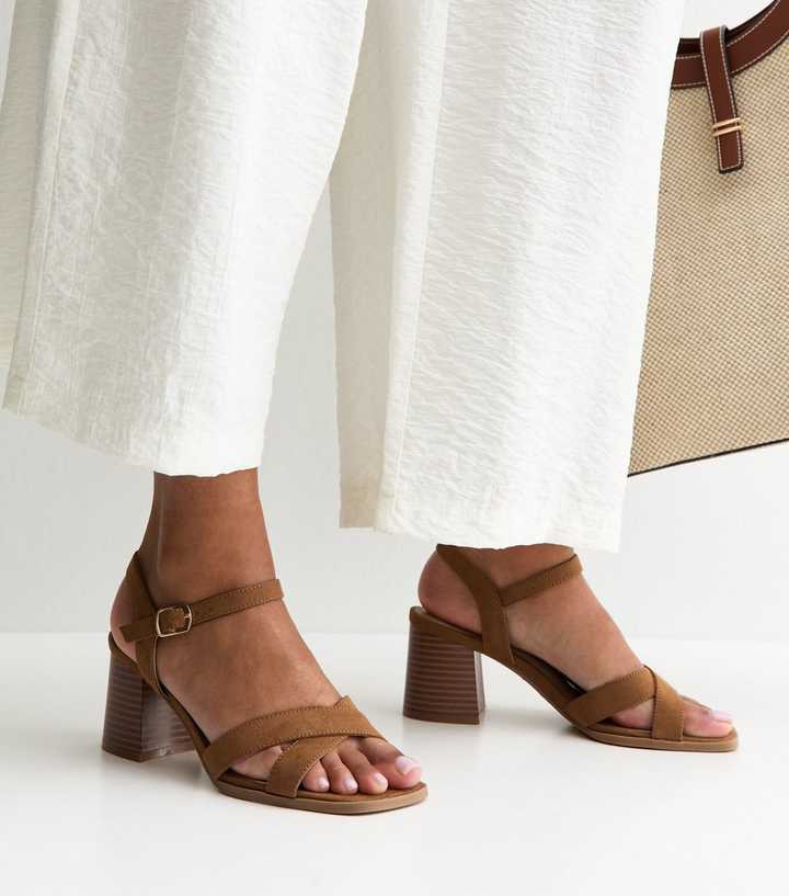 Tan Faux Suede Crossover Strap Sandals