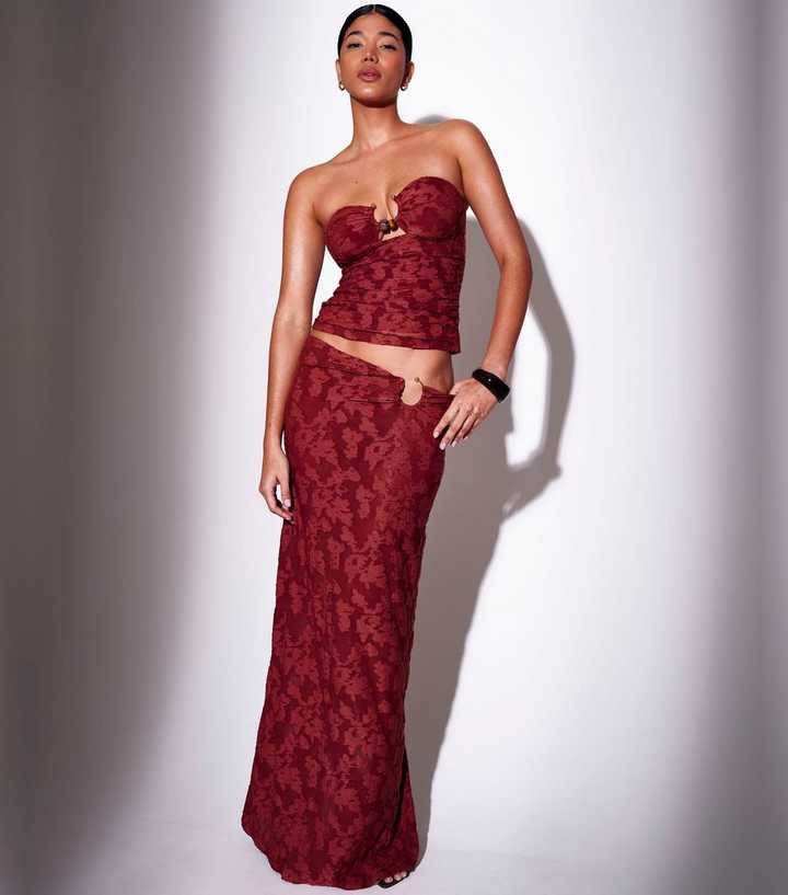 South Beach Dark Red Ring Detail Maxi Skirt
