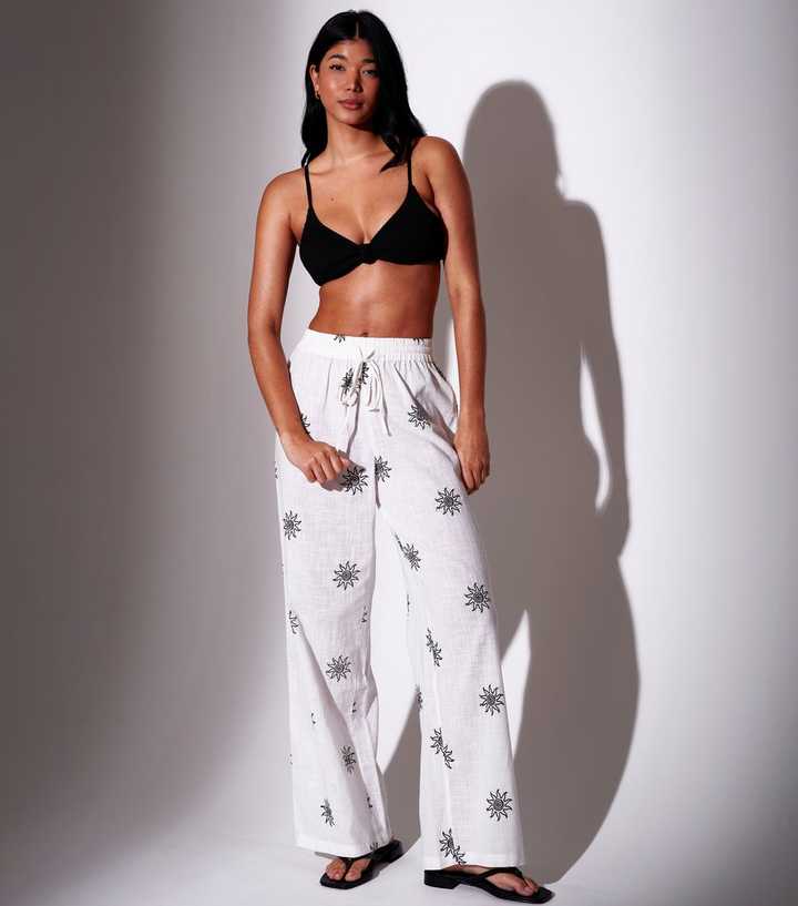 South Beach White Embroidered Sun Wide Leg Trousers