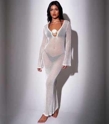 South Beach White Crochet Flared Sleeve Maxi Dress