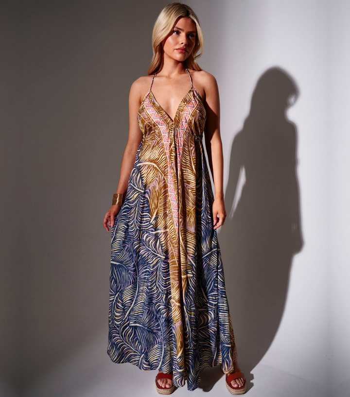 South Beach Brown Leaf Print Halterneck Maxi Dress