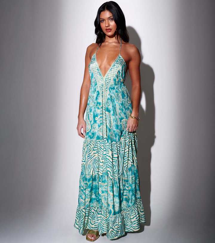South Beach Turquoise Printed Halter Neck Maxi Dress
