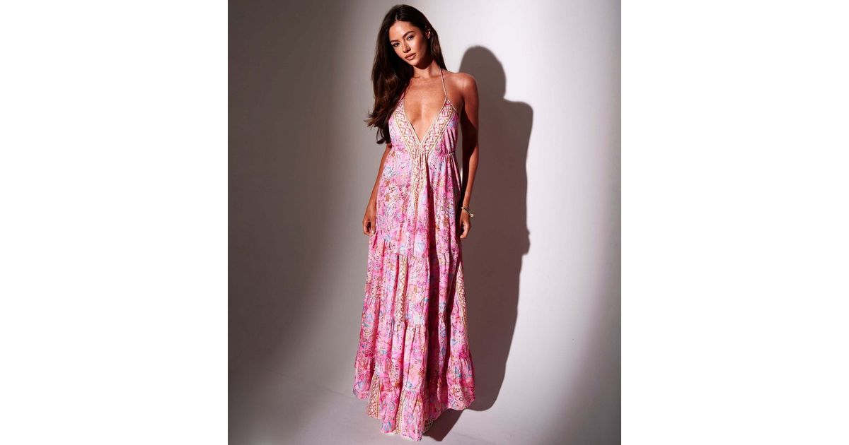 South Beach Pink Printed Halter Neck Maxi Dress | New Look