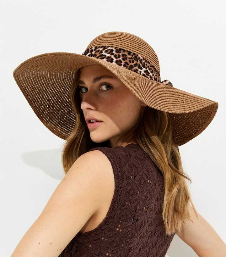 Tan Straw Leopard Trim Hat