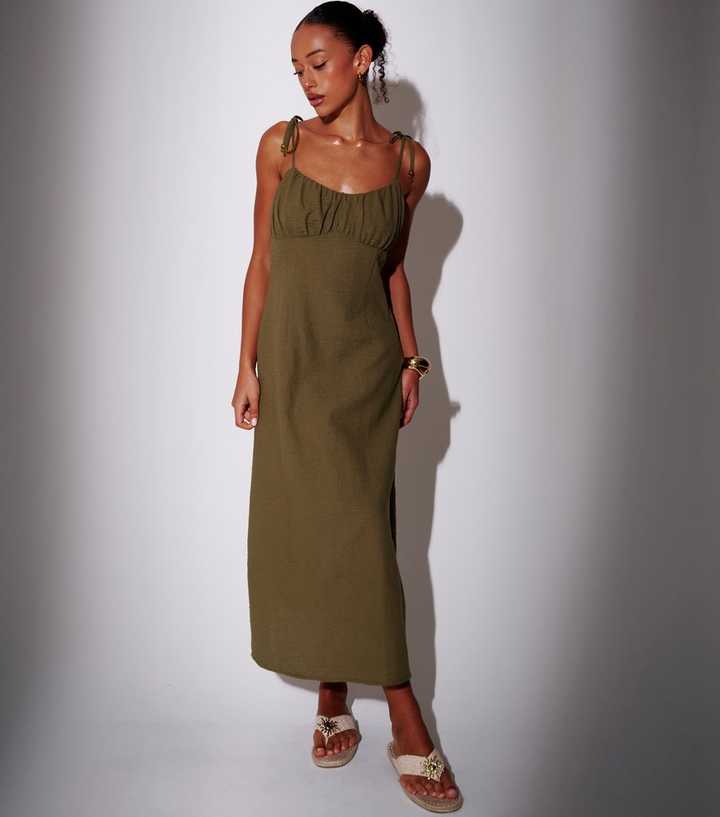 South Beach Dark Khaki Ruched Bodice Midi Dress