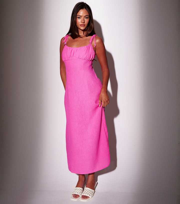 South Beach Bright Pink Ruched Bodice Midi Dress | New Look