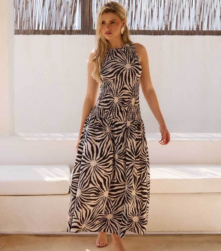 South Beach Black Sunburst Print Shirred Midi Dress