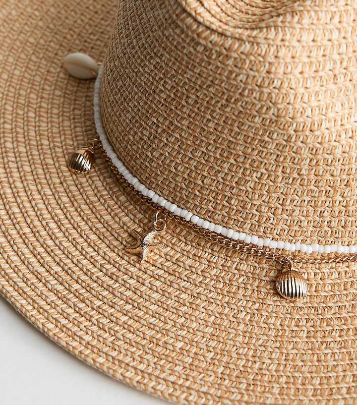 Stone Beaded Shell Trim Straw Fedora Hat | New Look display picture 1