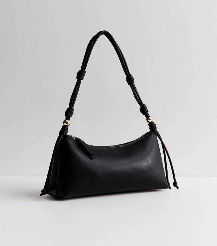 Black Faux Leather Knotted Handle Shoulder Bag