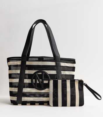 Black Striped Mesh Tote Bag with Pouch