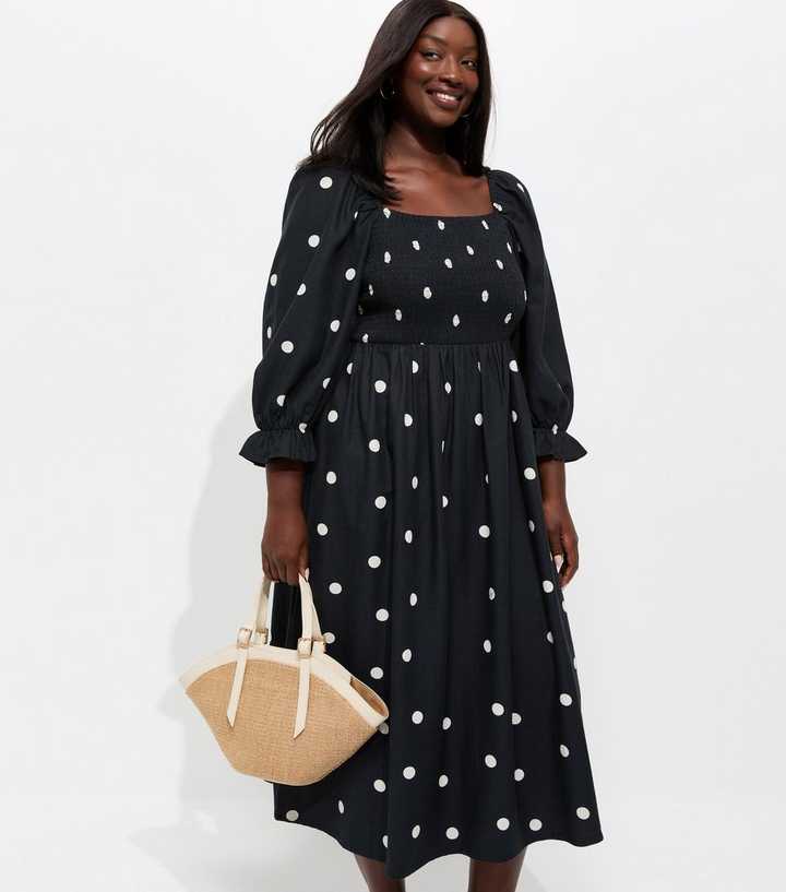 Curves Black Polka Dot Shirred Cropped Sleeve Midi Dress | New Look Curves Black Polka Dot Shirred Cropped Sleeve Midi Dress | New Look