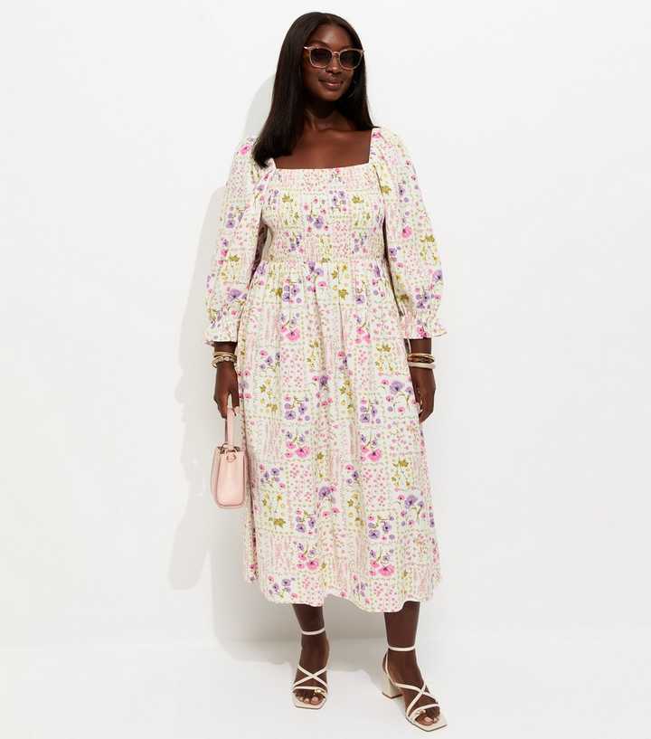 Curves Cream Floral Print Cropped Sleeve Shirred Midi Dress