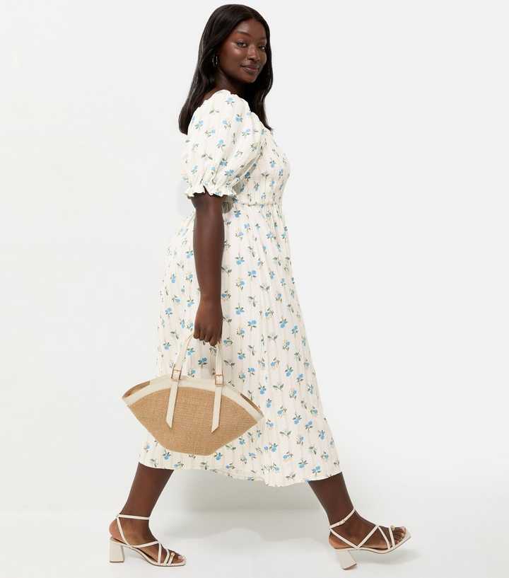 Curves Cream Floral Pleated Compact Shirred Frill Midi Dress