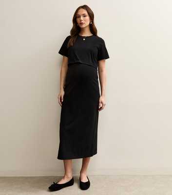 Maternity Black Layered Crew Neck Nursing Midi Dress