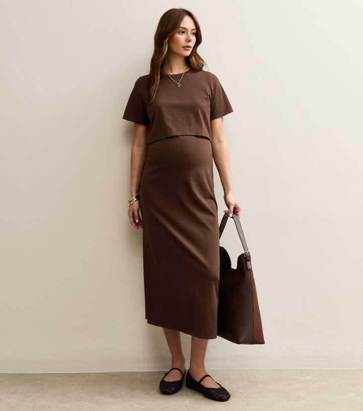 Maternity Dark Brown Layered Crew Neck Nursing Midi Dress