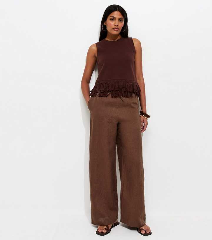 Dark Brown Pure Linen Wide Leg Trousers