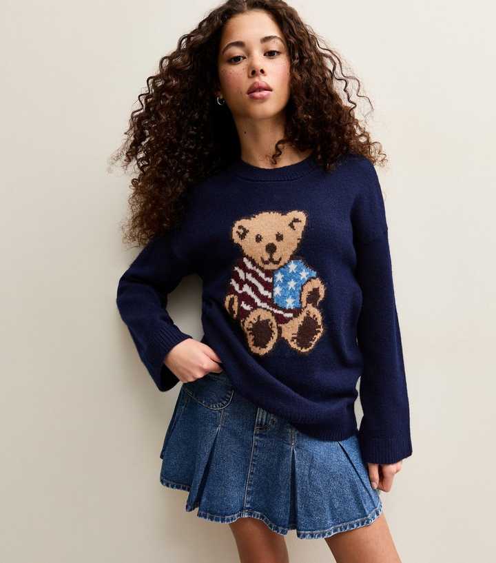 Girls Navy American Flag Bear Graphic Jumper