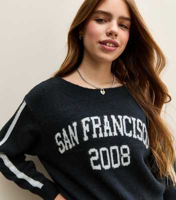 Girls Navy San Francisco Logo Slash Neck Jumper