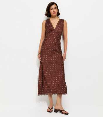 Brown Polka Dot Satin Lace Trim Midi Dress