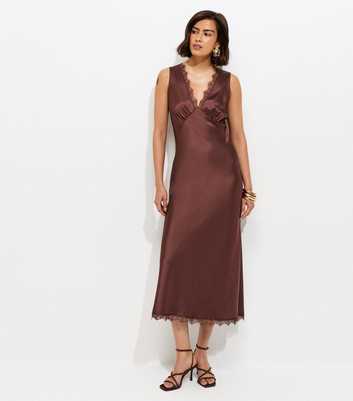 Dark Brown Satin Lace Trim Slip Midi Dress