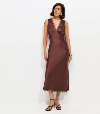 Dark Brown Satin Lace Trim Slip Midi Dress | New Look