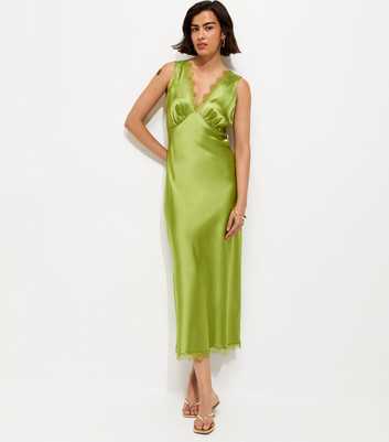 Green Satin Lace Trim Slip Midi Dress
