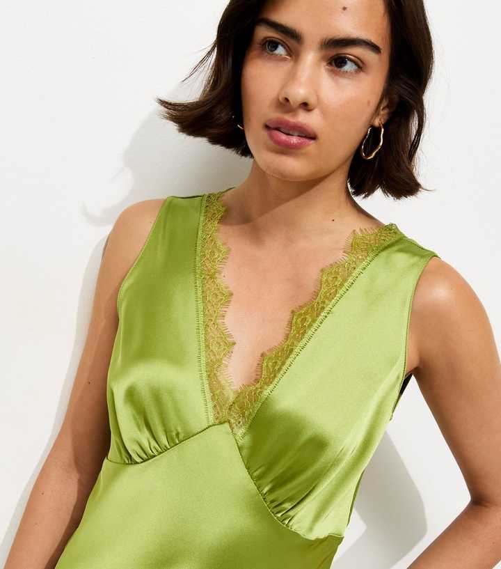 Green Satin Lace Trim Slip Midi Dress | New Look