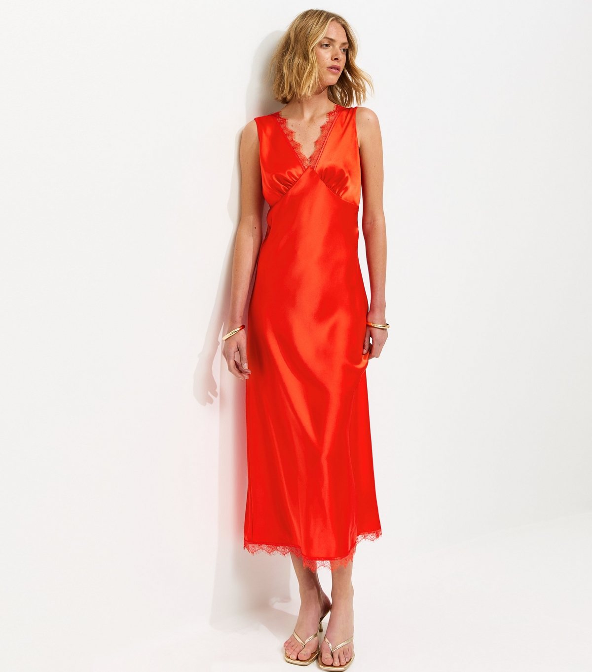 Women's Red Satin Lace Trim Slip Midi Dress New Look