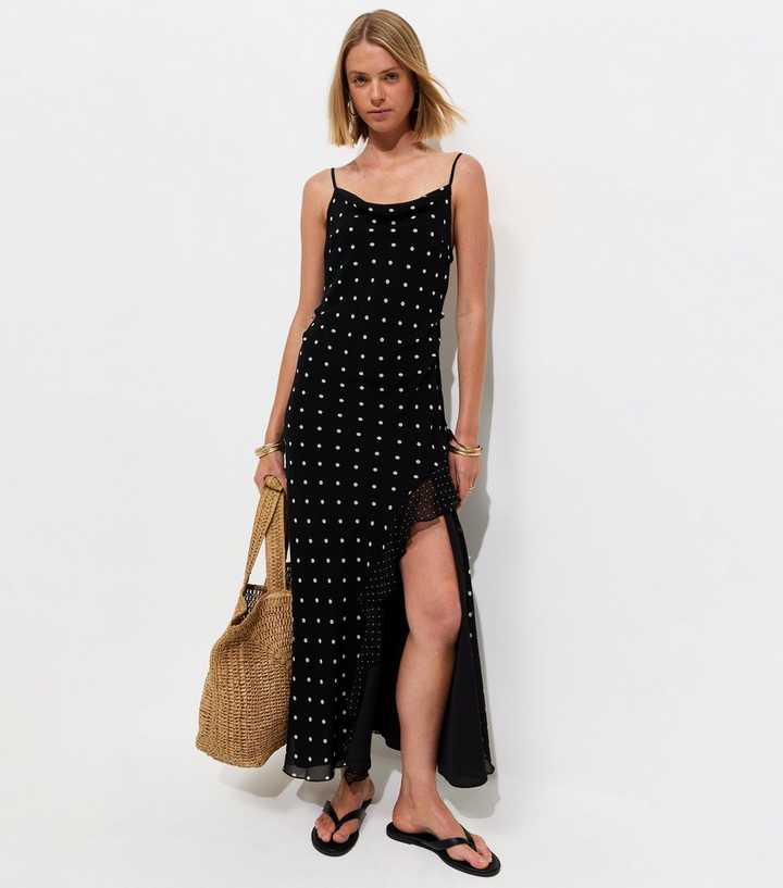 Black Polka Dot Cowl Neck Midi Dress