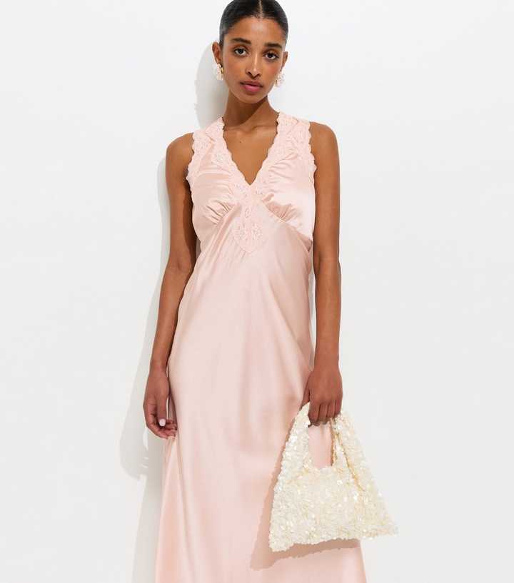 knee length dresses for ladies Light Pink Mesh Lace Long-Sleeve Midi Dress With Petite Sequin Embelli –  IHF STUDIO main image 1