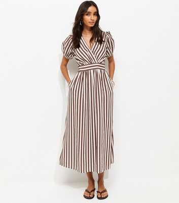 Brown Striped Wrap Midi Dress