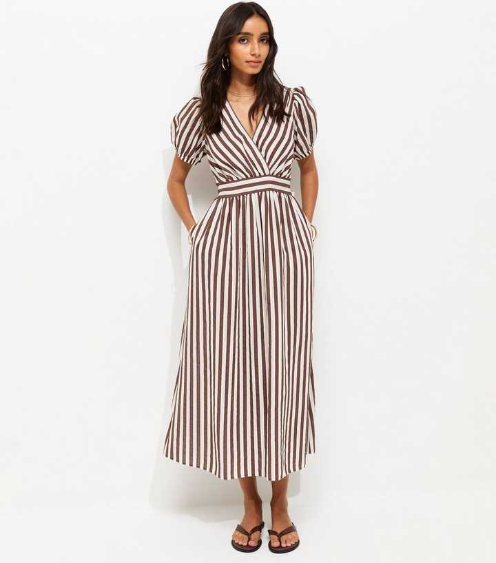Brown Striped Wrap Midi Dress