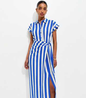 Blue Stripe Tie Waist Midi Shirt Dress