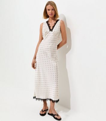 Cream Polka Dot Satin Lace Trim Midi Dress