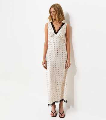 Cream Polka Dot Satin Lace Trim Midi Dress
