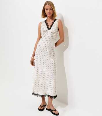 Cream Polka Dot Satin Lace Trim Midi Dress
