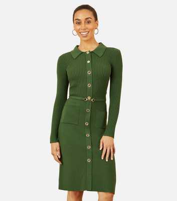 Yumi Green Ribbed Knit Shirt Dress