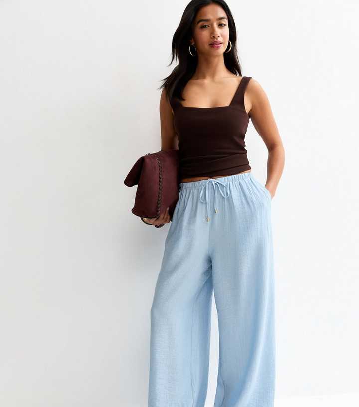 Petite Light Blue Crinkle Texture Wide Leg Trousers