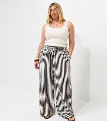 Curves Navy Stripe Print Wide Leg Trousers