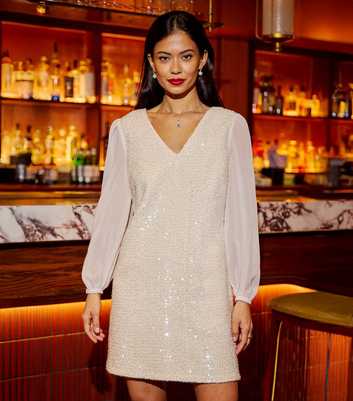 Yumi White Sequin V Neck Tunic Dress