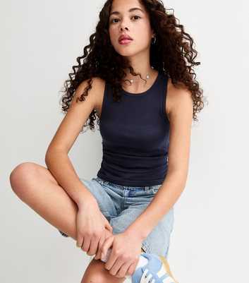 Girls Navy Ruched Side Racer Vest Top