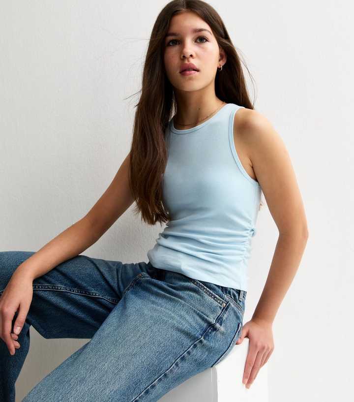 Girls Light Blue Ruched Side Racer Vest Top