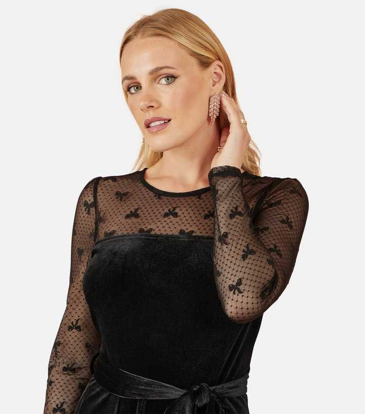 knee length dresses for ladies Scuba & Polka Mesh Bella Bow Multiway Skater Mini Dress - Black main image 1