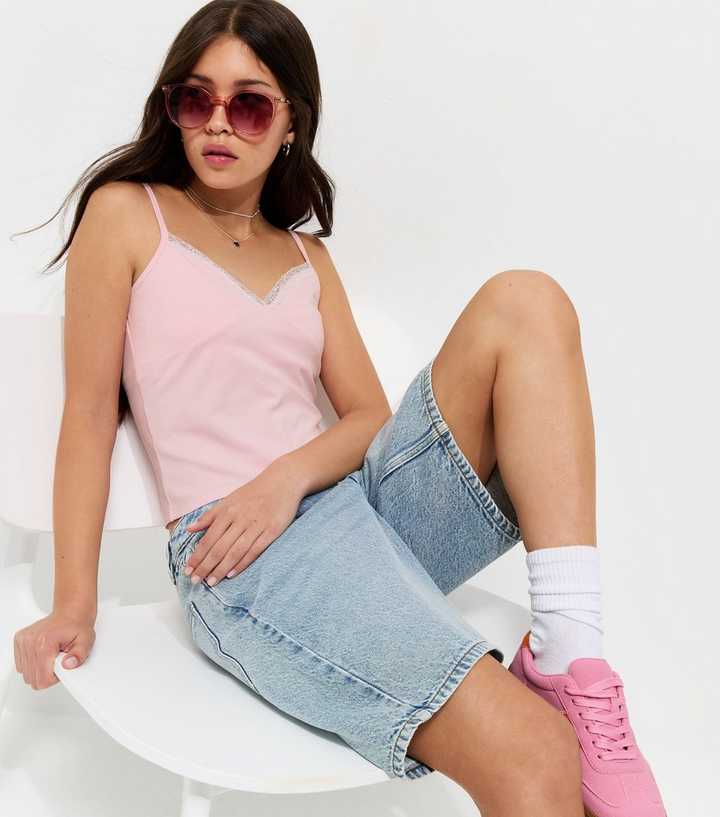Girls Light Pink Lace Trim V-Neck Fitted Cami Top