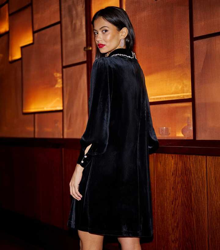 yumi long sleeve dress Yumi Black Velvet Dress With Sheer Long Sleeves