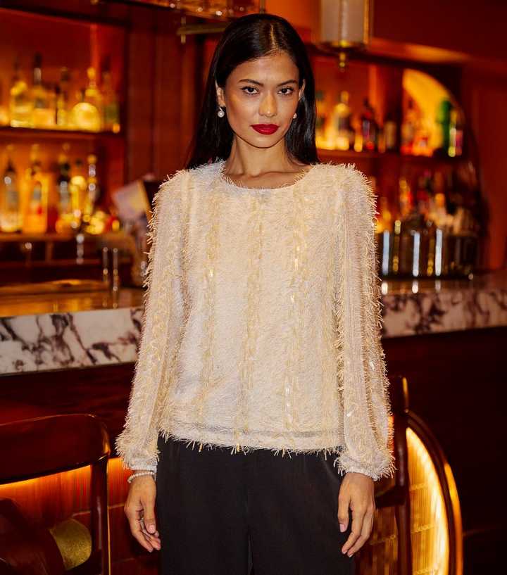 Yumi Off White Hanging Sequin Long Sleeve Top