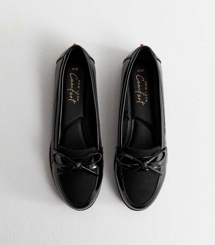 Black Faux Patent Bow Applique Loafers