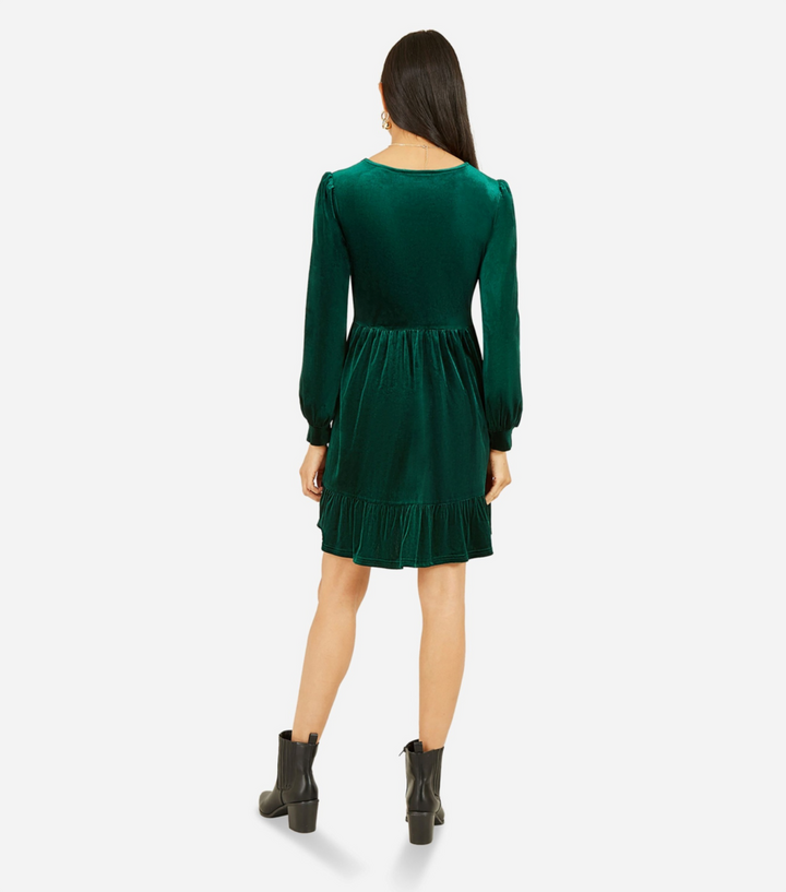 green emerald velvet dress Yumi Green Velvet Skater Dress With Dimante Bow Detail – The Oxygen  Lifestyle